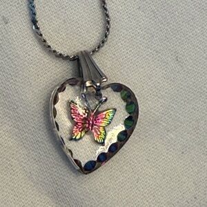 Silver Heart Pendant Necklace with Multicolor Butterfly